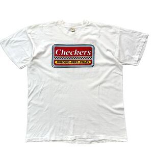 Vintage 90s Checkers Burgers Fries Cola Hot Rod Print Design White Mens Fits XL
